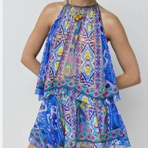 ZARA 2 Piece Set Aztec Print Short Skirt Halter Neck Top Boho Royal Blue/Multi S